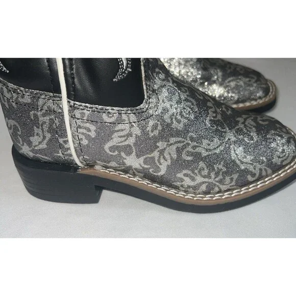 OLD WEST KIDS SQUARE TOE BLACK METALLIC SILVER BOOTS SIZE 11 - Picture 7 of 14